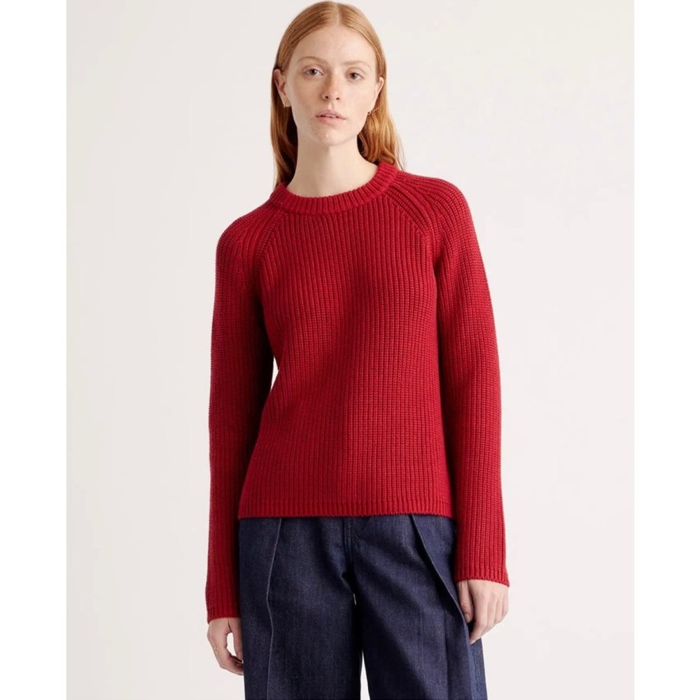 Quince 100% Organic Cotton Fisherman Crew Sweater Minimalist Ribbed Dark Red M